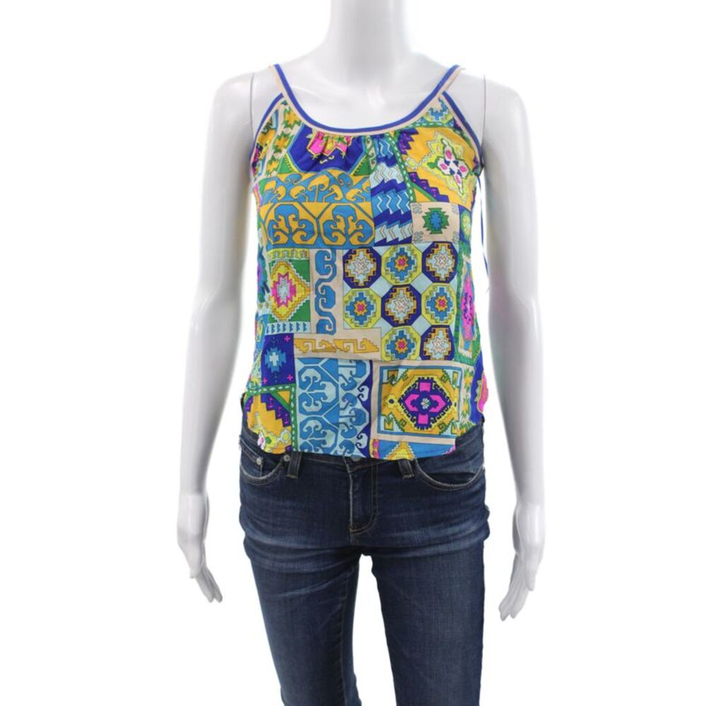 Trina Turk Women Silk Geometric Scoop Neck Camisole Sleeveless Blue Size 0P
